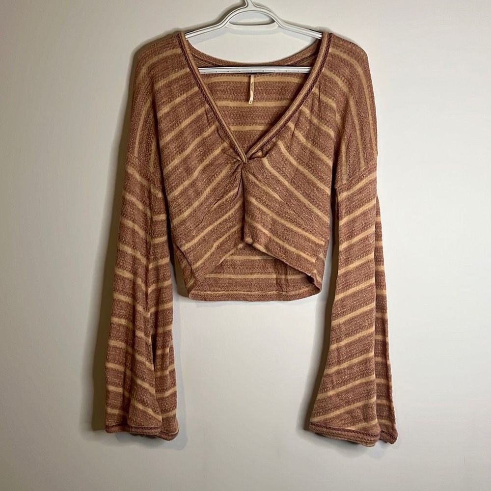 Free People Long Bell Sleeve V-Neck Twist Orange Stripe Top Size Medium Women’s